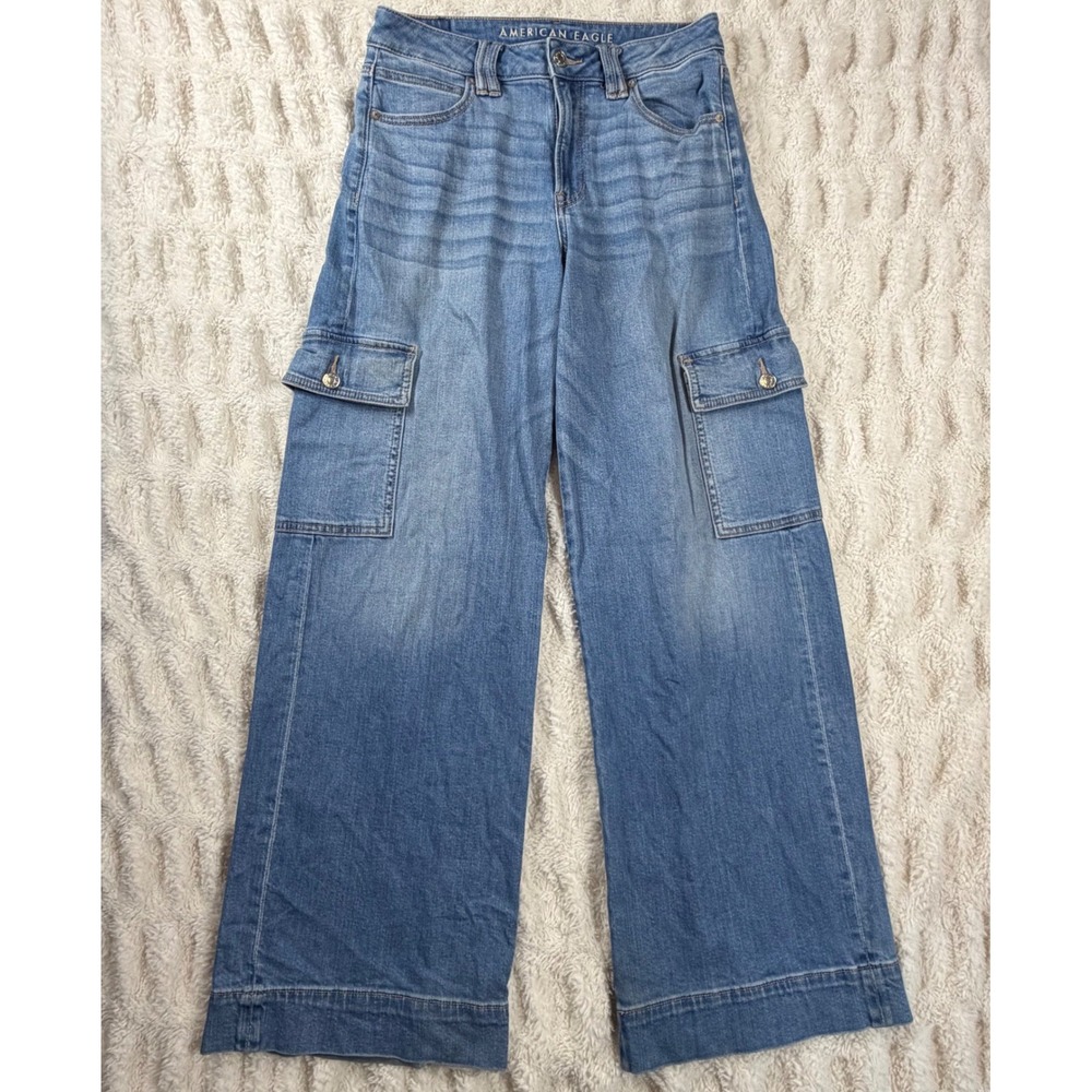 American Eagle Super High Rise Baggy Wide Leg Cargo Jeans Blue 4 Regular - Picture 2 of 11